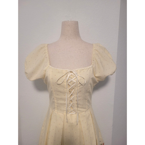 Ank Rouge Polka Dot Lace Up Pleated Sundae Print Dress Sz M Cottagecore Coquette - Picture 3 of 10